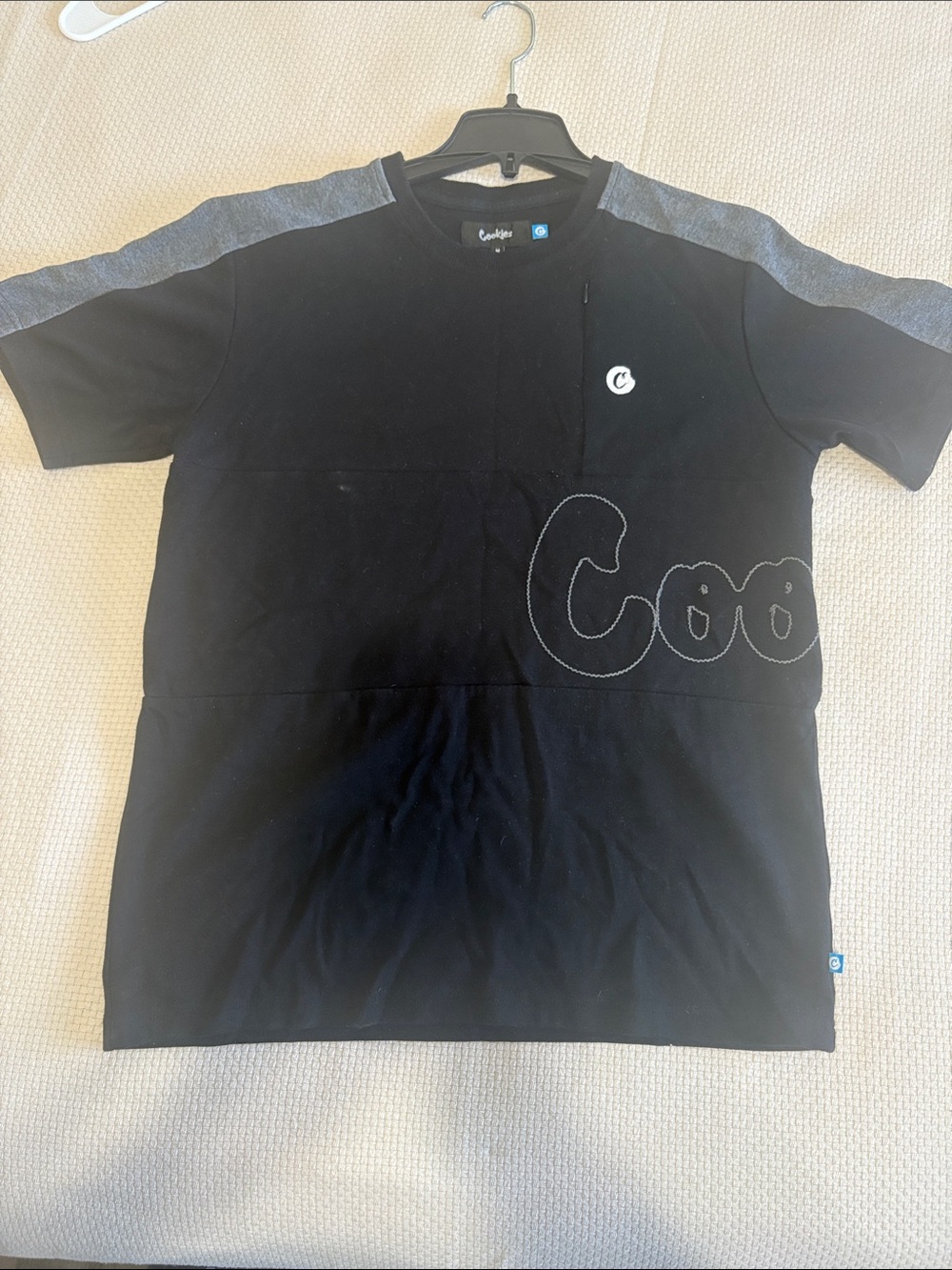 COOGI Black Tee with Gray Shoulder Panels and Embroidered Logo
